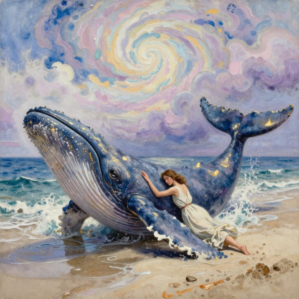 Surreal Coastal Scene of Sky-Whale and Shore-Wanderer