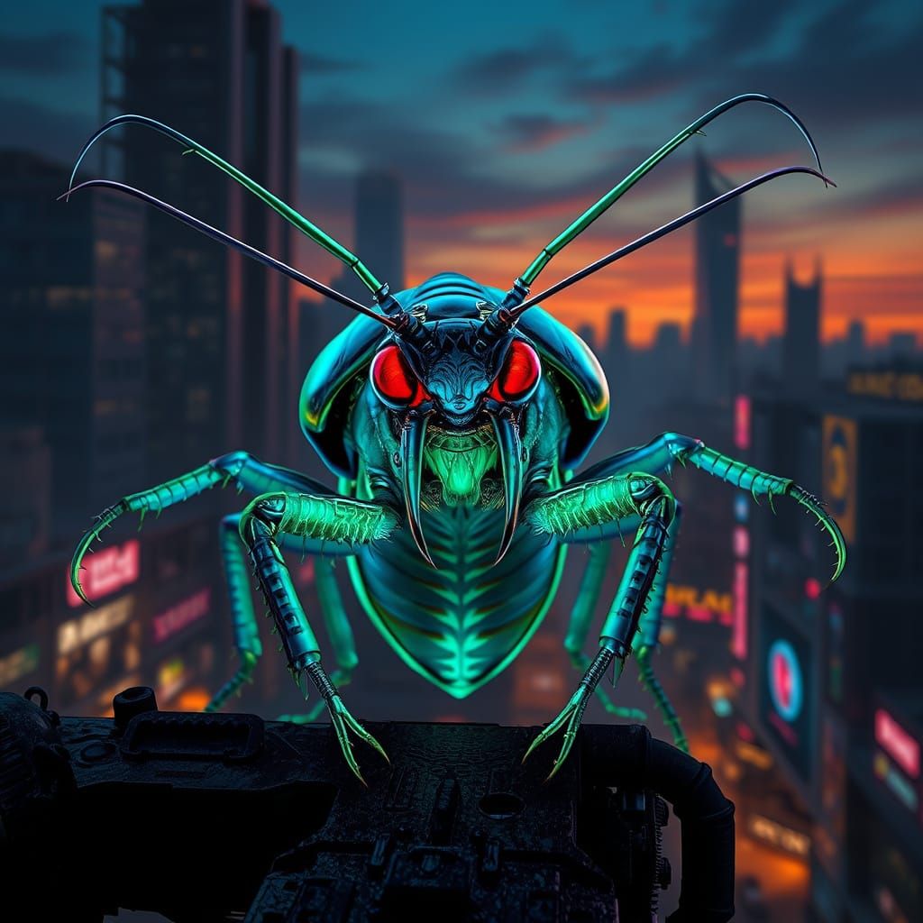 Glowing Cyberpunk Mutant Cockroach Emerges from Dystopian Ci...