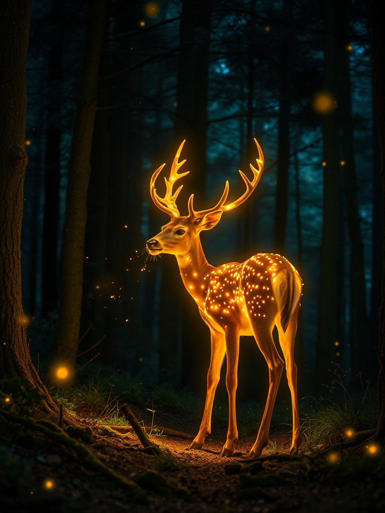 Glowing Deer and Fawn in Klimt-Inspired Forest