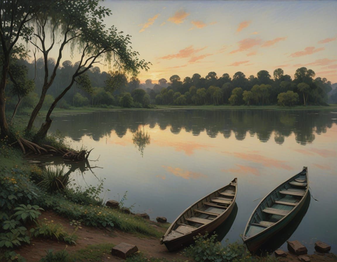 Serene Jungle Lake at Dawn, Gouache Masterpiece with Thick B...