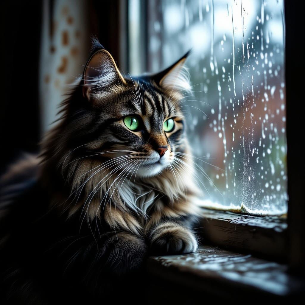 Wise Cat by Rainy Window