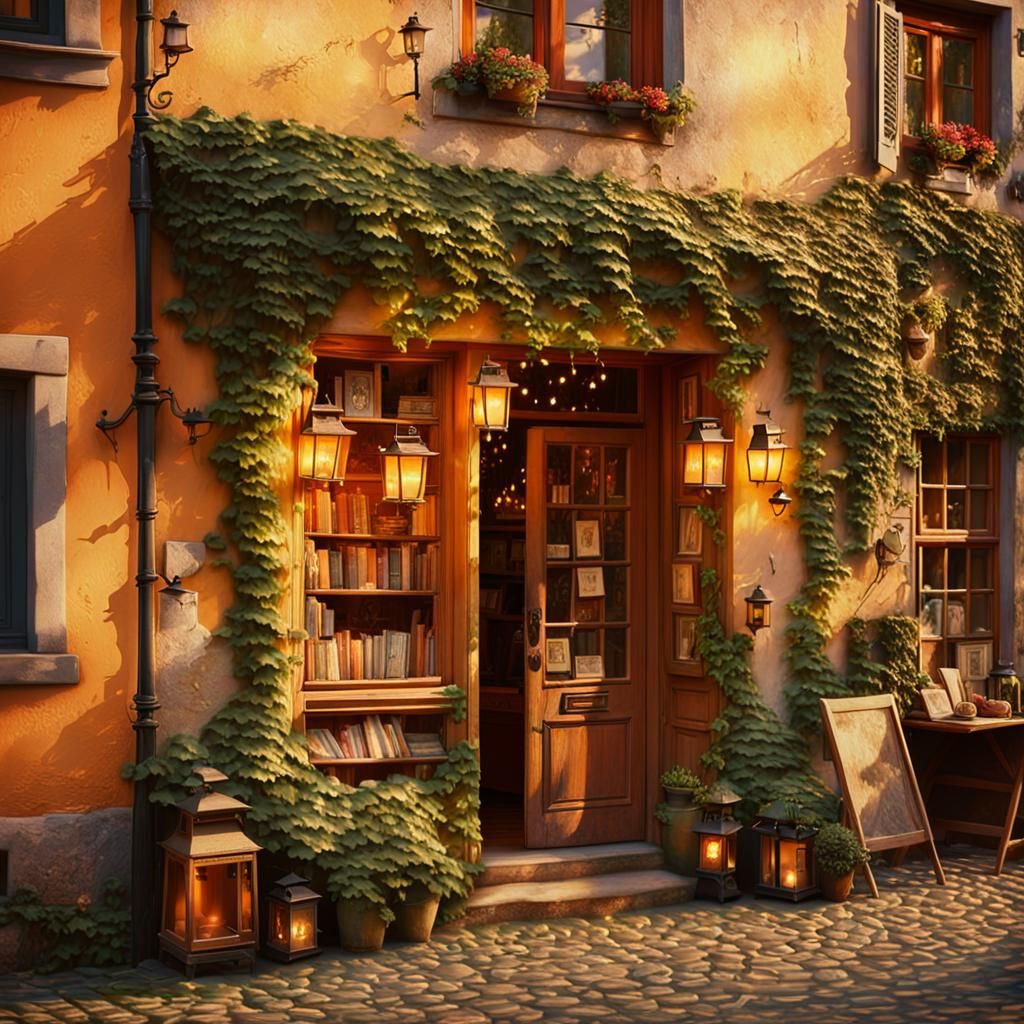 Charming Bookstore on a Cobblestone Street, Whimsical Oil Pa...