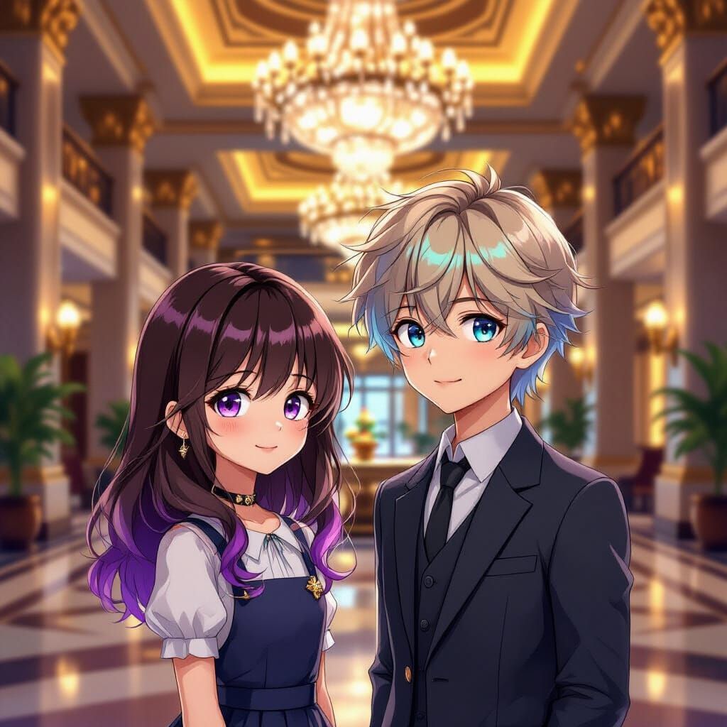 Couple in Opulent Hotel Lobby, Anime Inspired Style