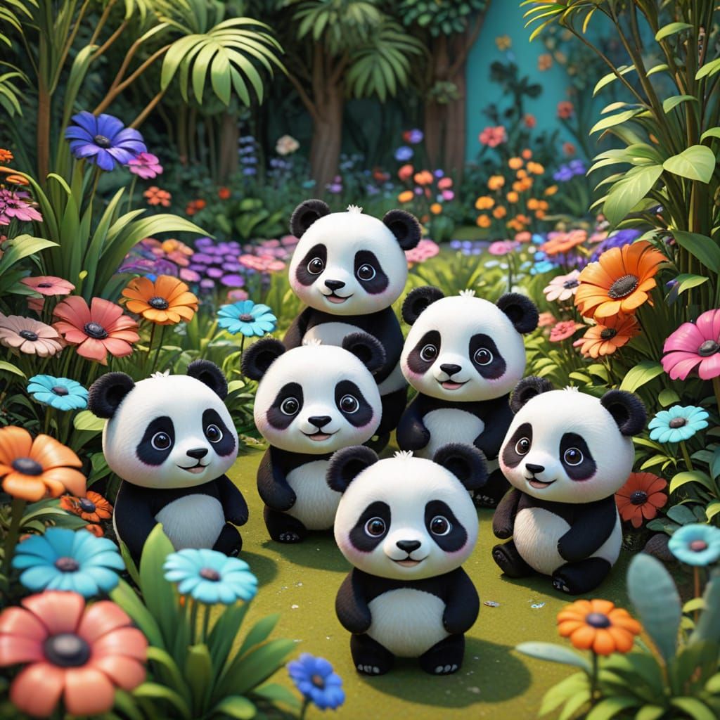 Technicolor Pixar Pandas in a Kawaii Garden