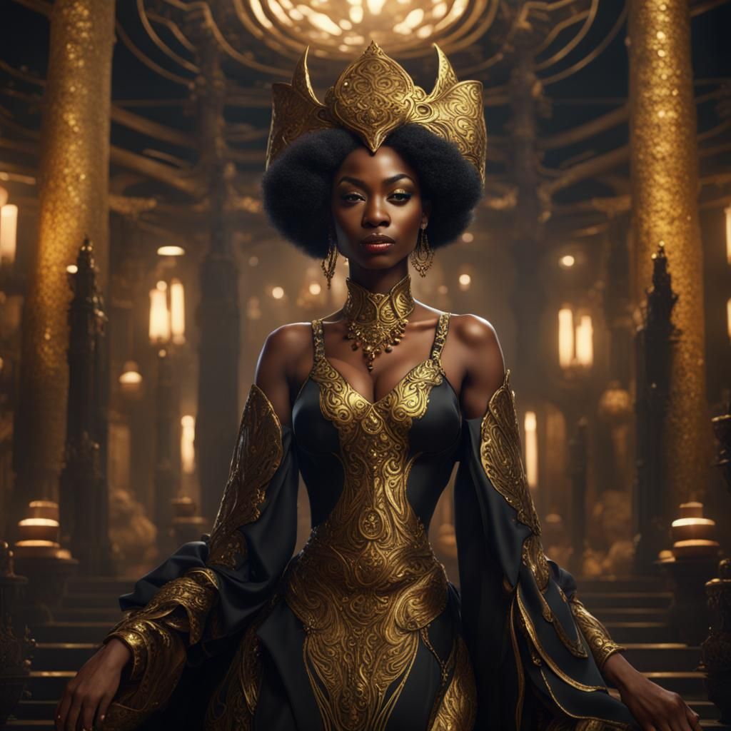 Black Woman Kitsune Empress in Gold Dress