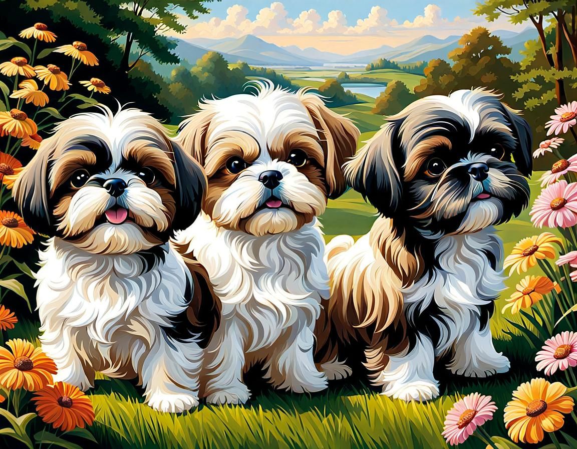 Five Shih Tzu Dogs Playing in a Meadow