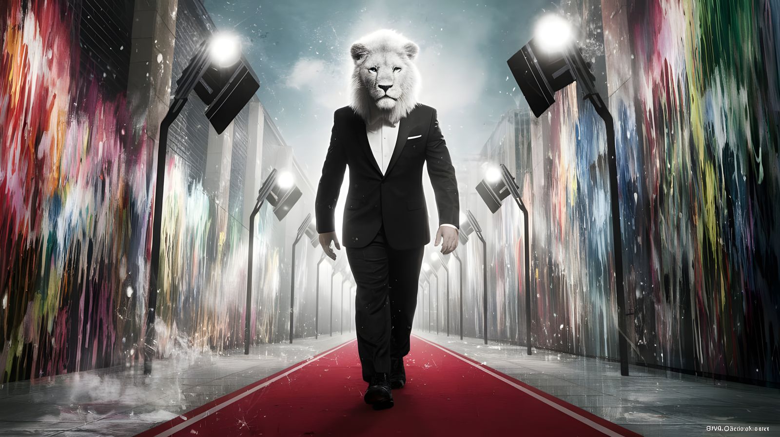 Graffiti White Lion Struts Red Carpet in Style