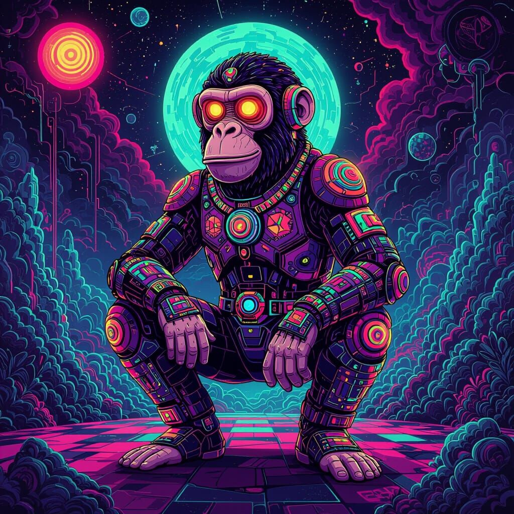 Psychedelic Machine Ape Cartoon in Neon Colors