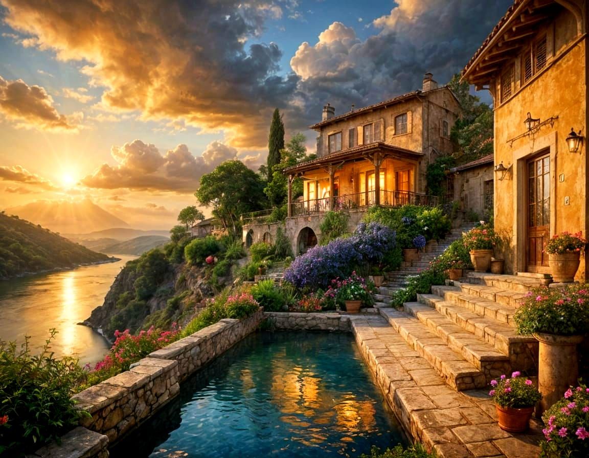 Rustic Villa Terrace at Sunset in Romantic Style