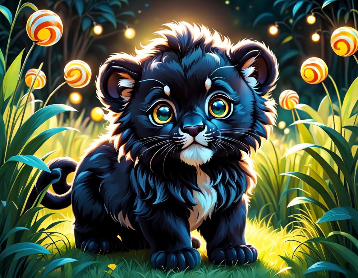 Cute Baby Panther Rolling in Field: Candy Art