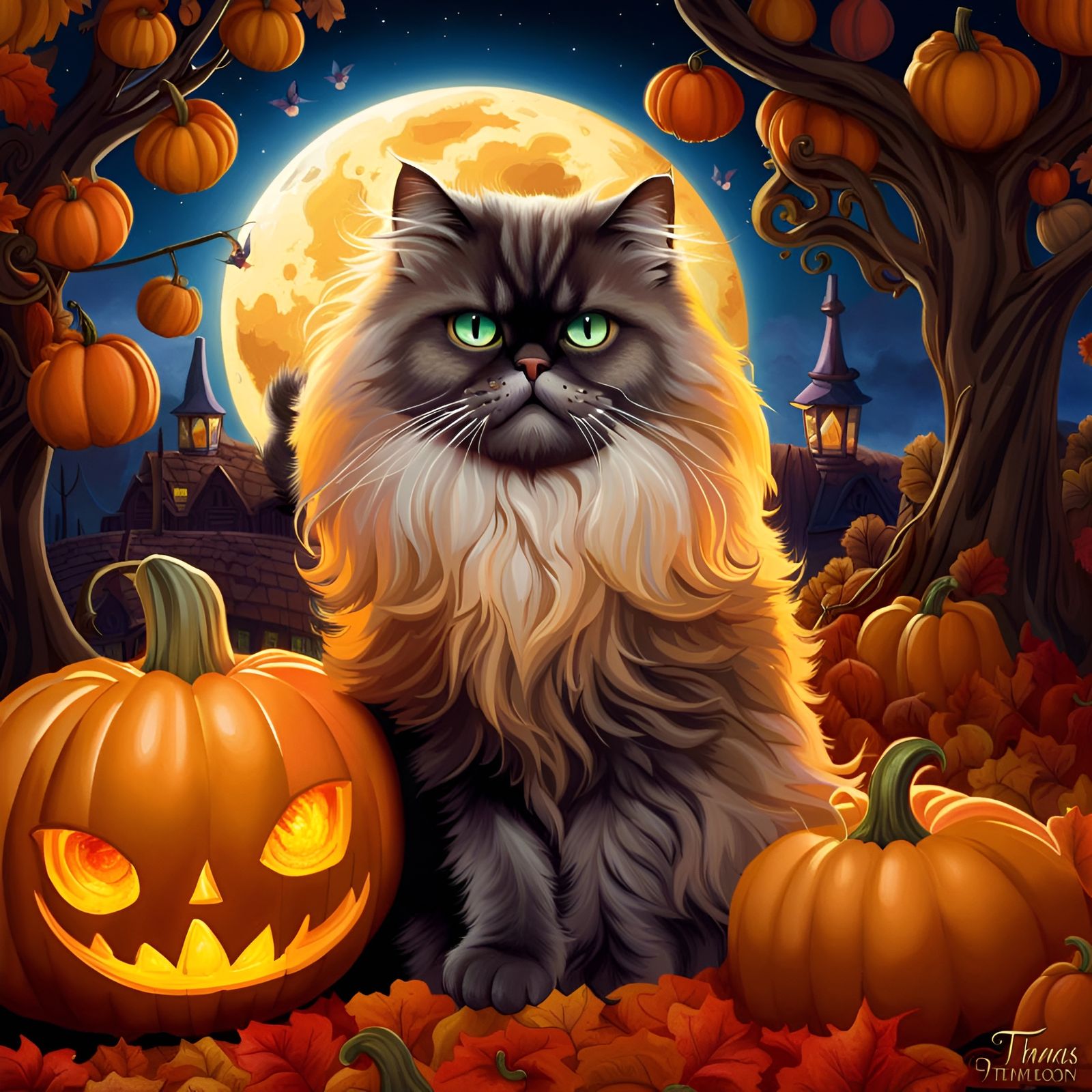 Grumpy Persian Cat in Pumpkin Patch Moonscape