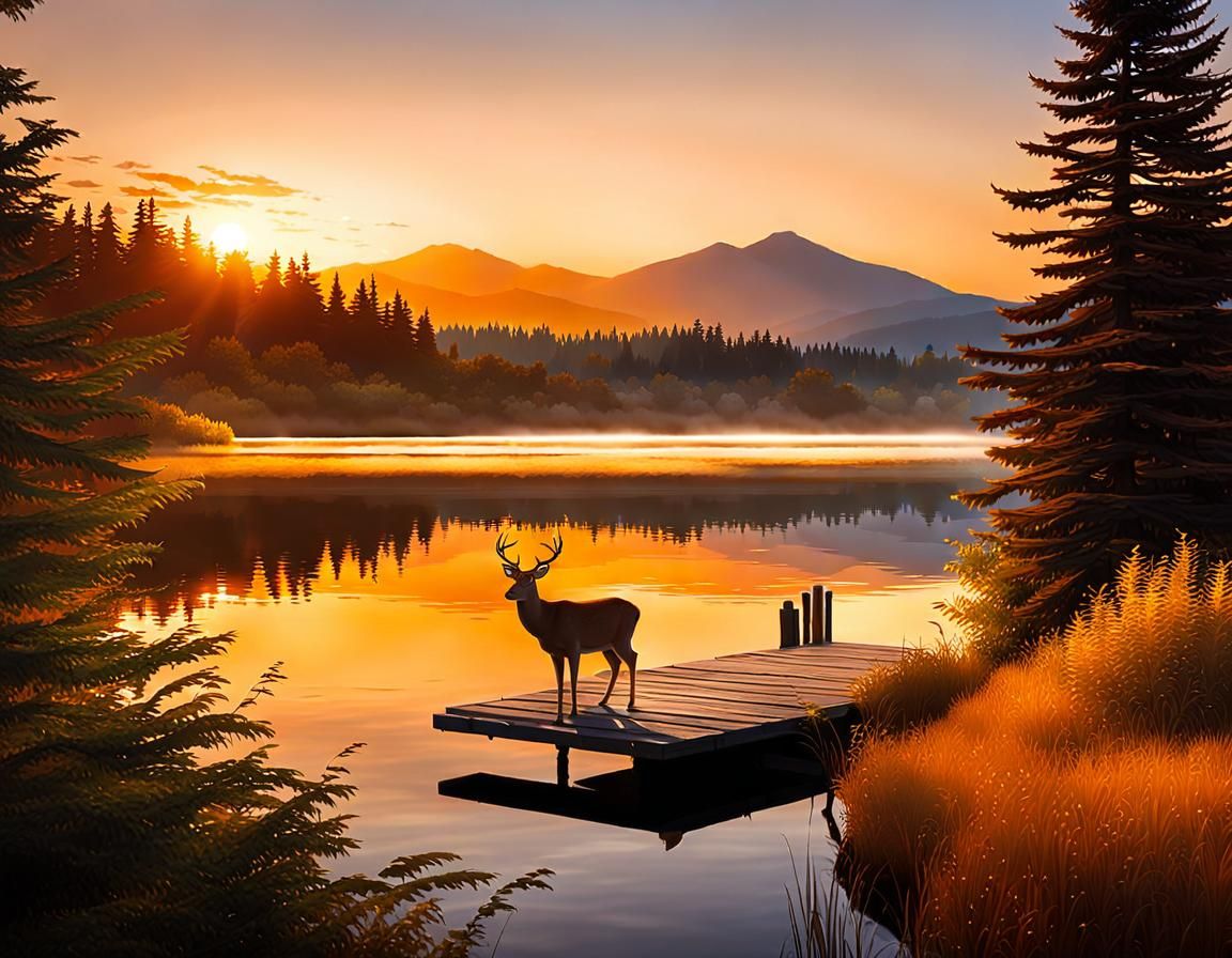 Majestic Deer at Sunrise Over Calm Lake
