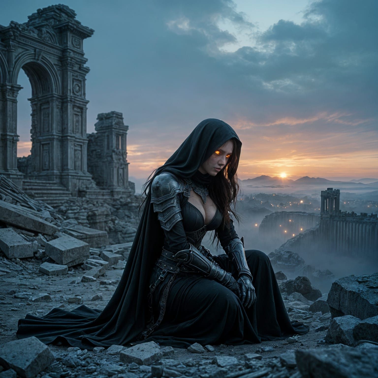 Dark Fantasy Woman in Ruin, Anime Style