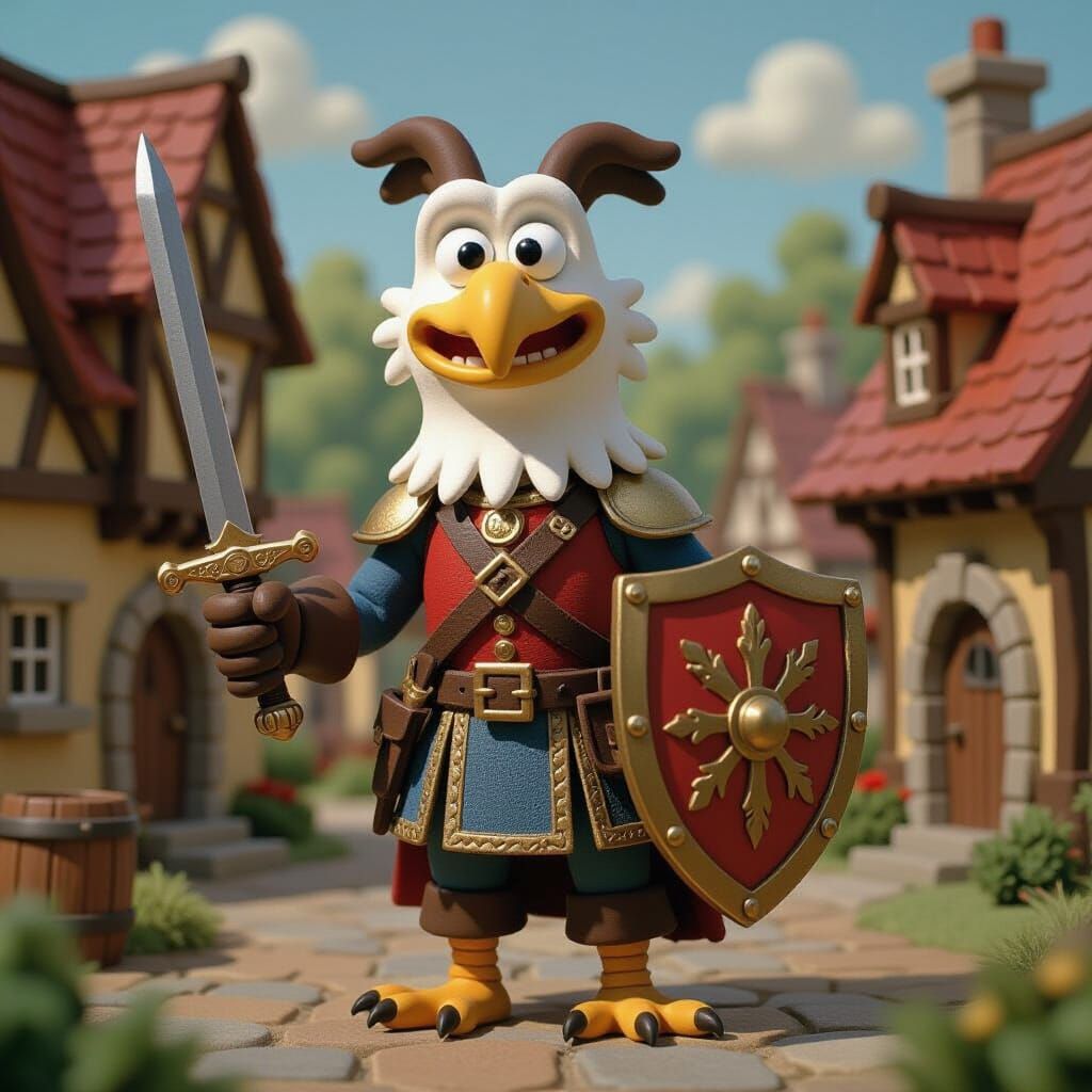 Claymation Eagle Cavalier in Medieval Village