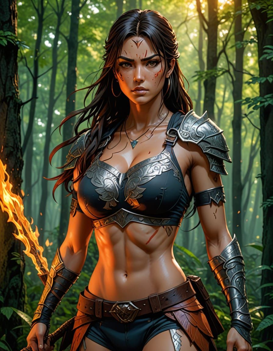 Beautiful Amazon Warrior in Forest, Anime Style