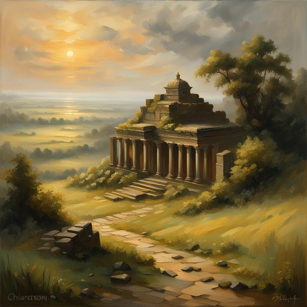 Golden Age Temple Landscape in Oil Painting Style