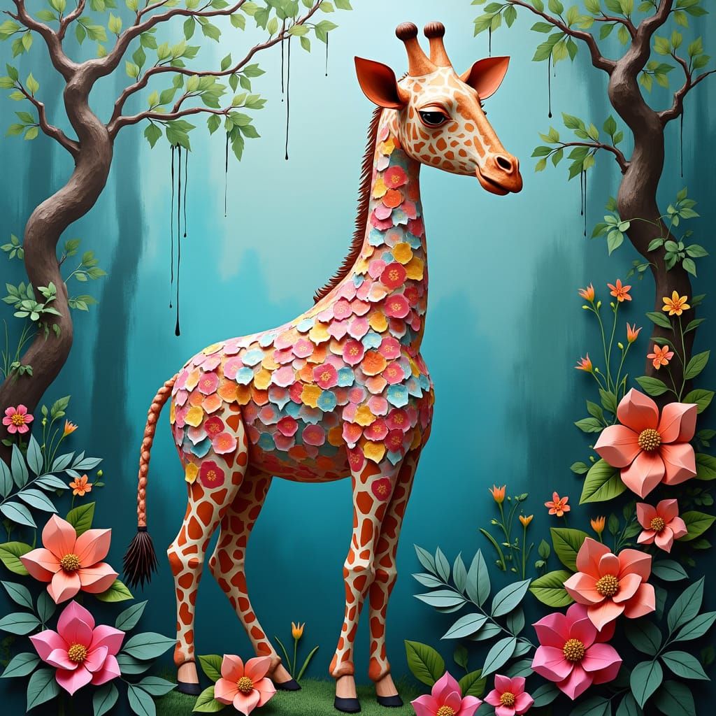 Origami Giraffe with Flower Patterns in Jungle Landscape