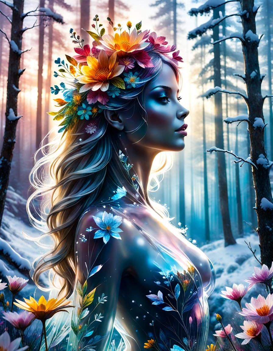 Crystal Flower Woman in Snowy Landscape