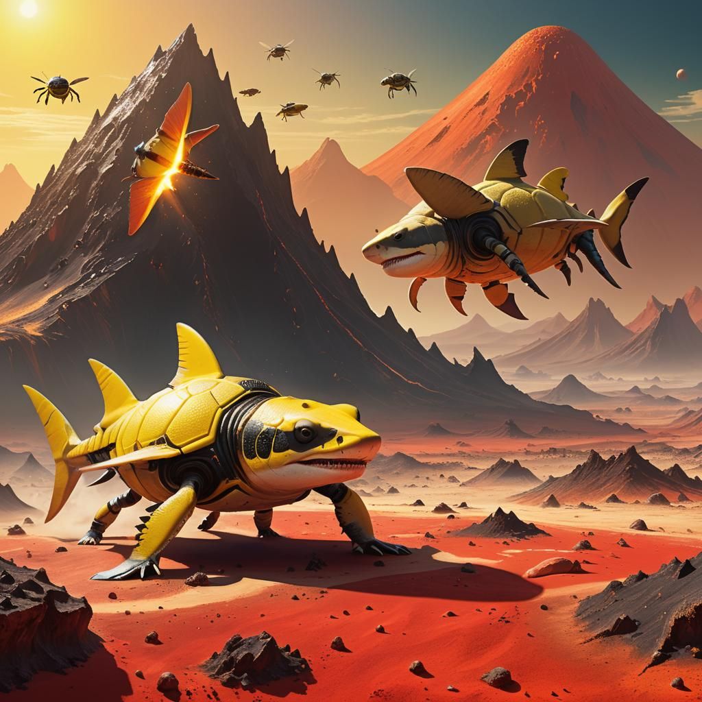 Lemon Shark Bumblebee Aliens on Red Exoplanet