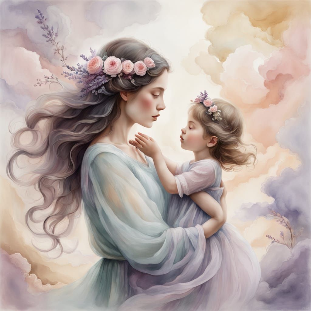 Dreamy Mother and Child in Soft Focus Watercolor