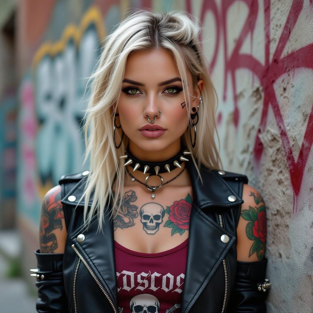 Rebellious Woman Portrait with Tattoos in Hyperrealistic Sty...