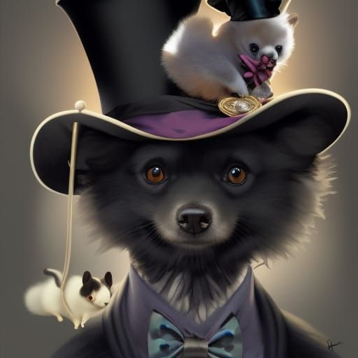 Pomeranian and Mad Hatter Mouse Portrait