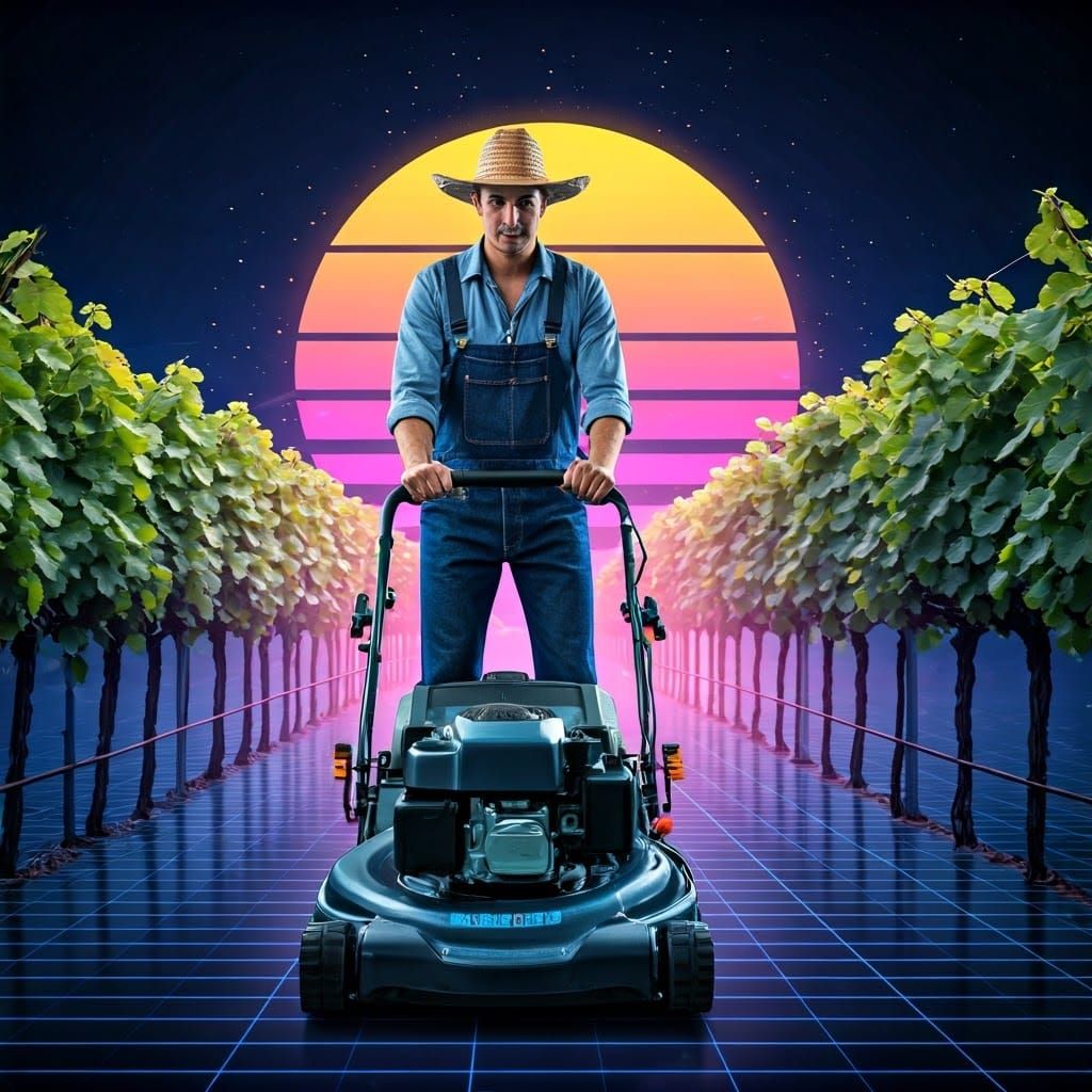 Shirtless Farmer Mowing Vineyard: Synthwave Neon
