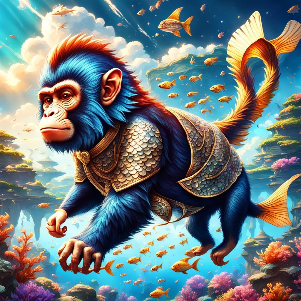 Monkey-Fish Hybrid Swimming in Sky, Fantasy Art