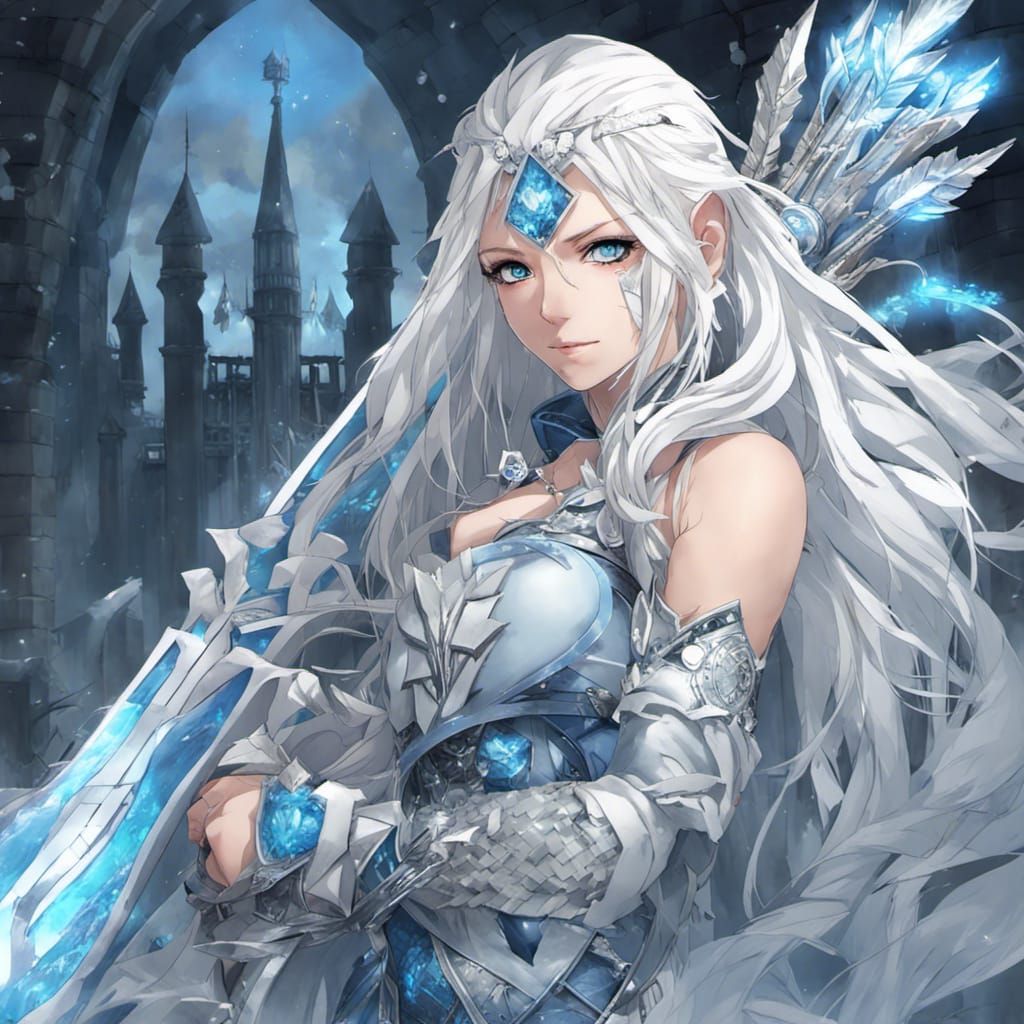 Icy Tribal Woman with Crystal Bow in Anime Style
