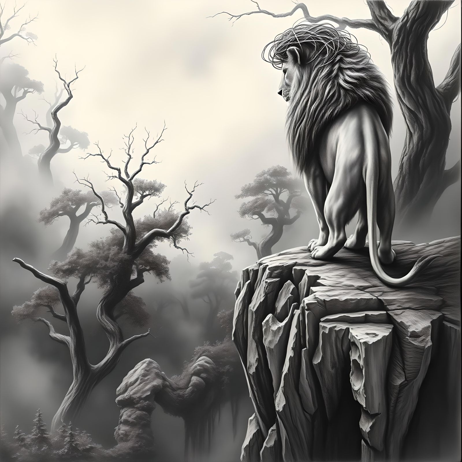 Majestic Lion Overlooks Forest: Hyperdetailed Charcoal Drawi...