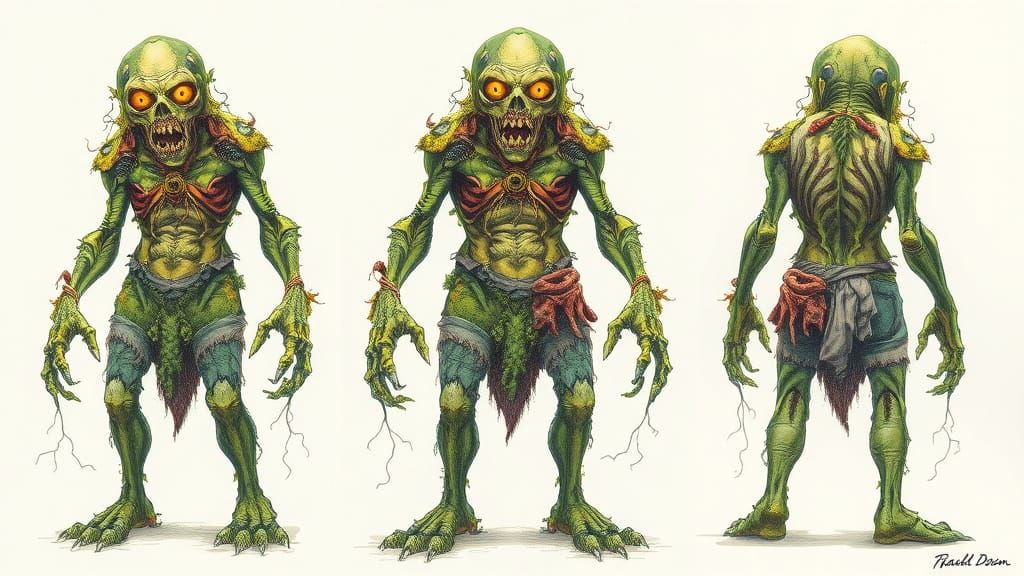 Ancient Bog Creature in Grotesque, High-Contrast Pencil Draw...