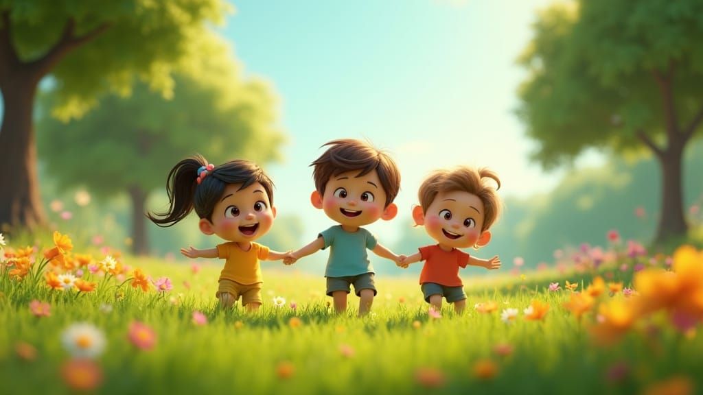 Children Playing in Lush Meadow: 3D Digital Art