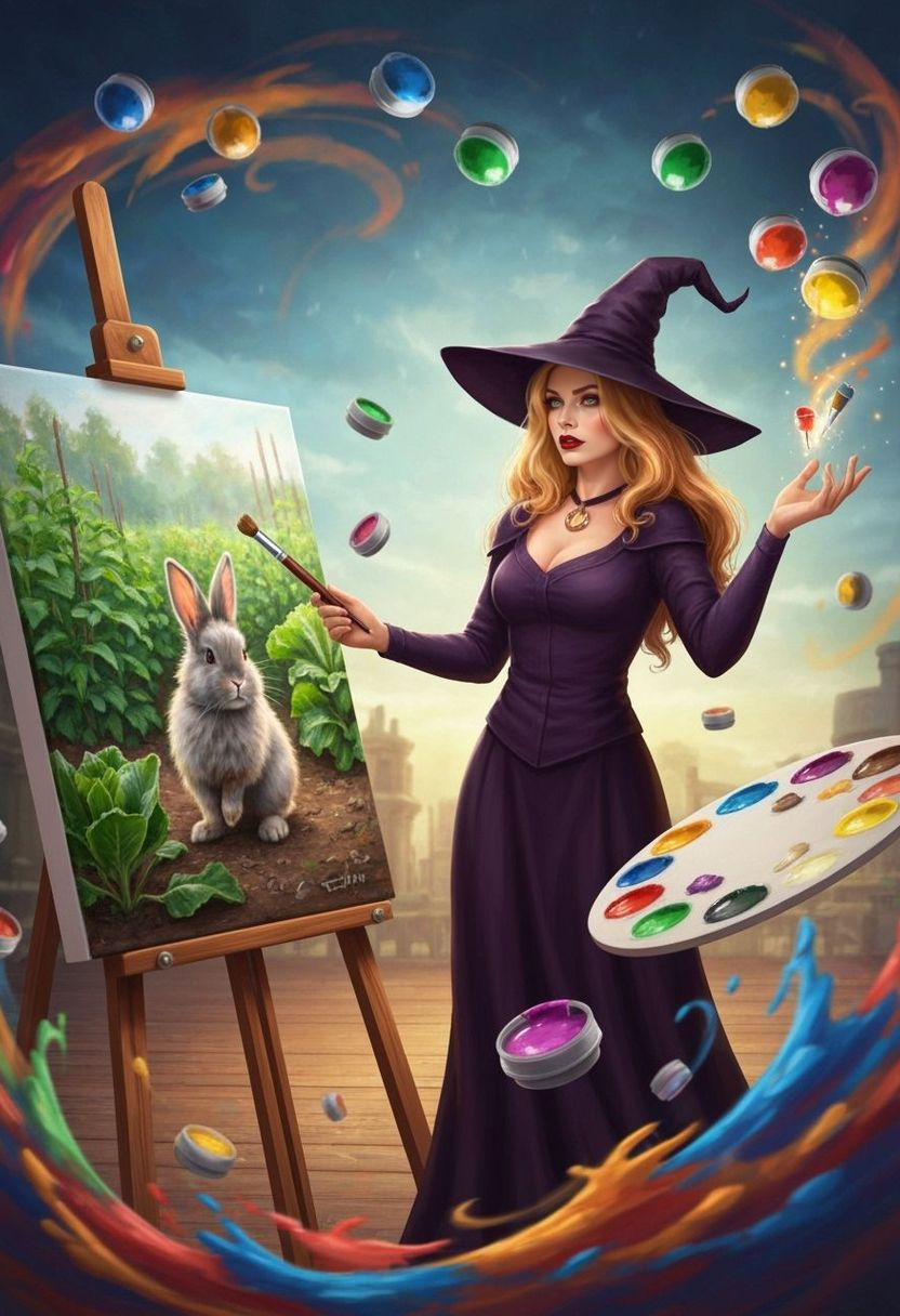 Enchanting Witch Paints a Fluffy Rabbit with Magic