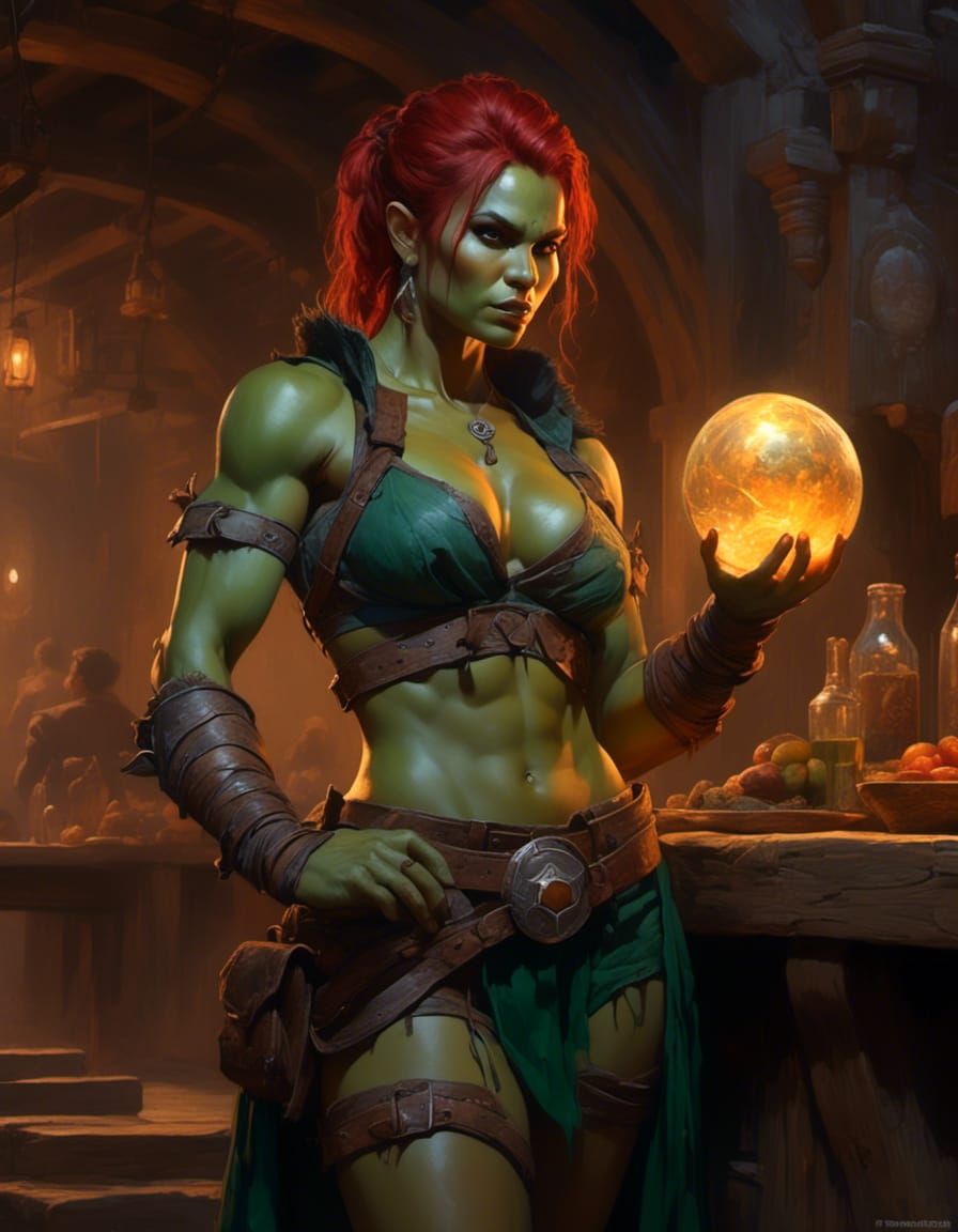 Muscular Orc with Mystical Orb in Lush Tavern
