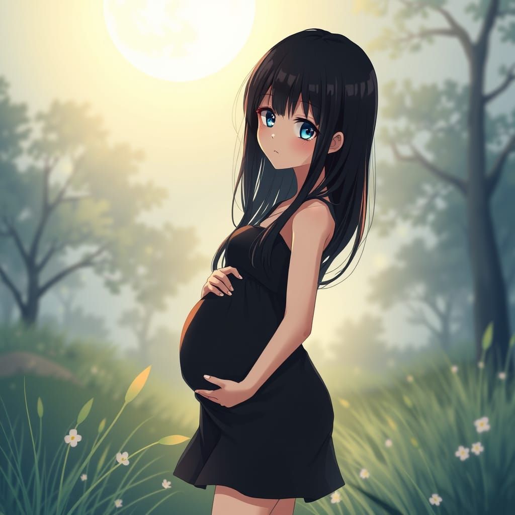 Anime Pregnant Girl in Moonlit Nature, Delicate Art