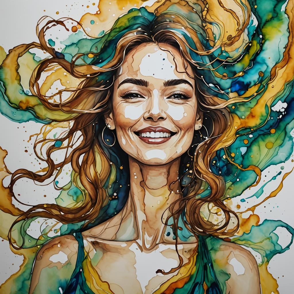 Vibrant Woman in Whimsical Ink Art