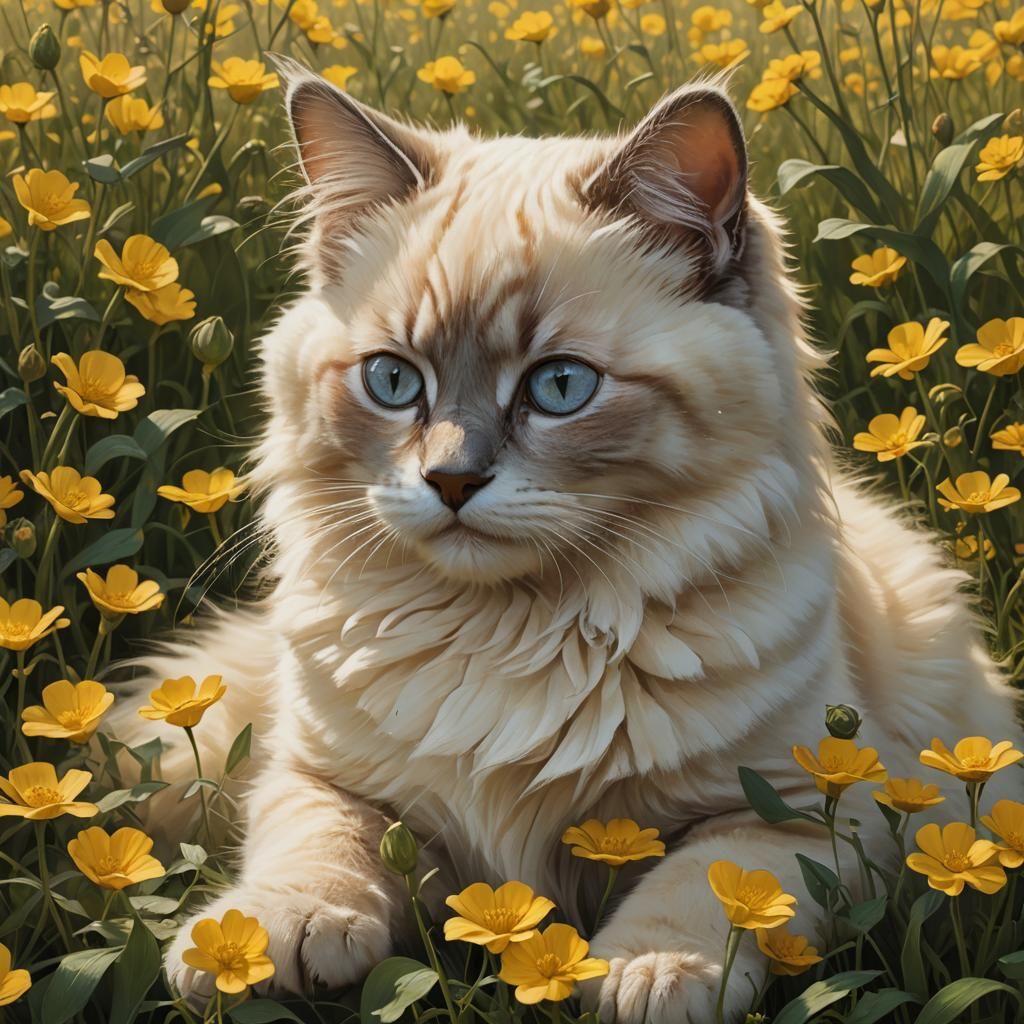 Birman Kitten Asleep in Buttercups, Art Nouveau Style