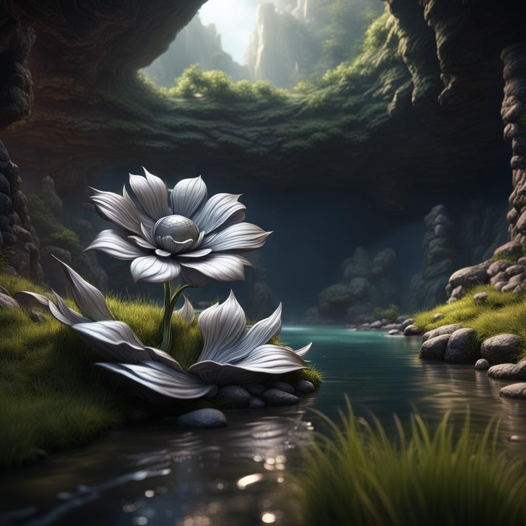 Silver Flower Blooms in Grassy Cave