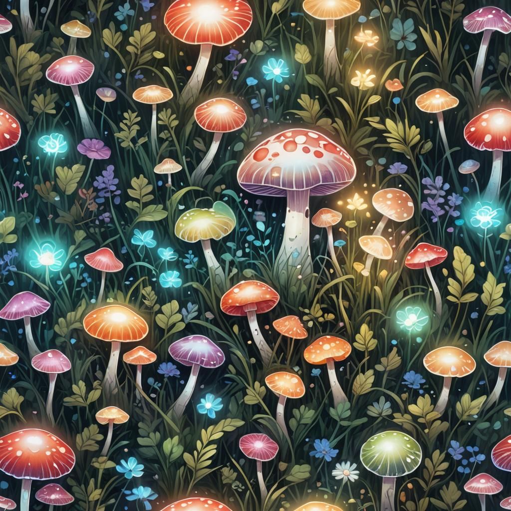 Opal Chibi Kodama Mushroom in Moonlit Crystal Field