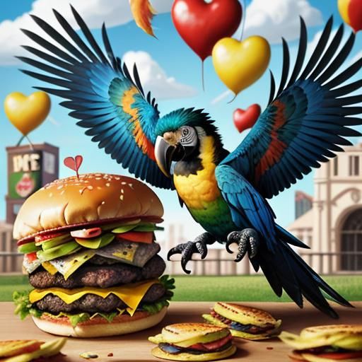 Macaw's Hamburger Feast in Surreal Detail