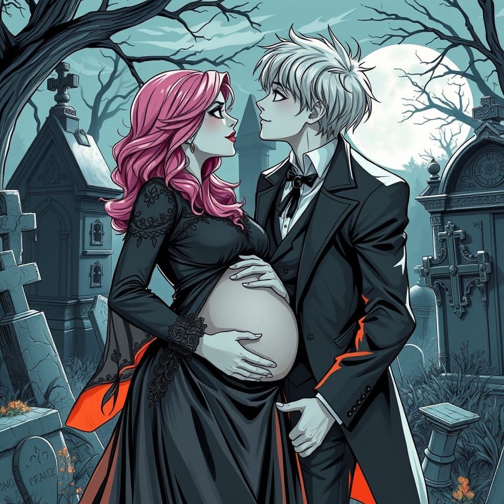 Romantic Cemetery Scene in Gothic Style