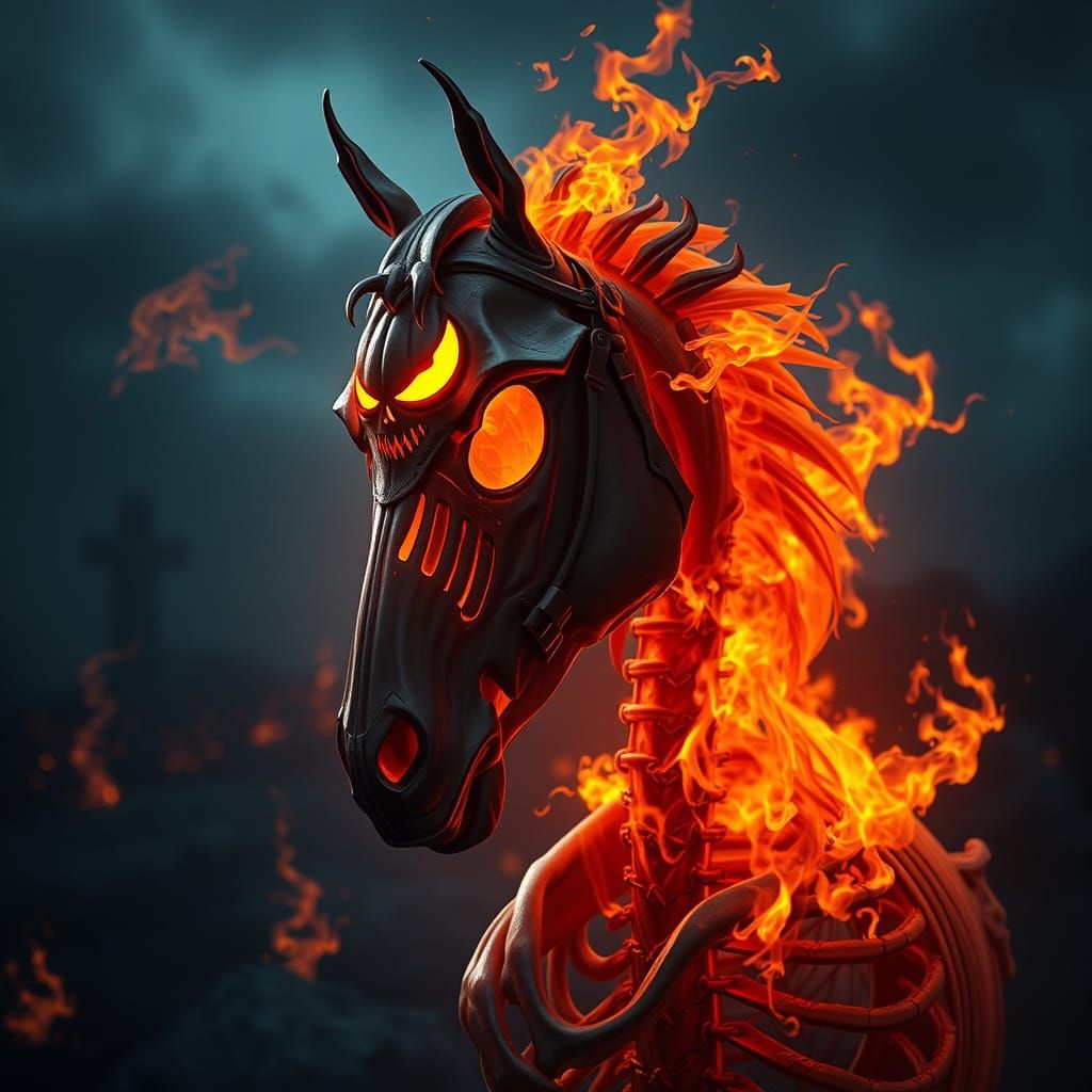 Ethereal Horse Skeleton with Jack-o'-Lantern Head and Fiery ...