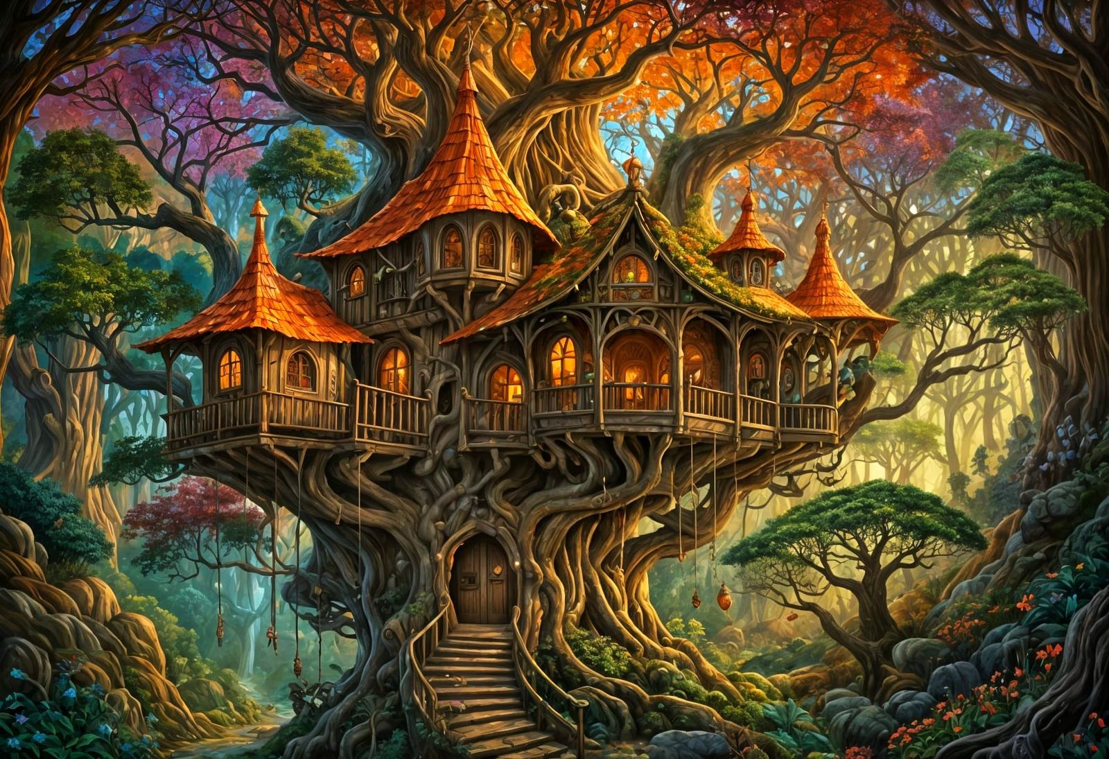 Magical Medieval Treehouse in Colorful Forest