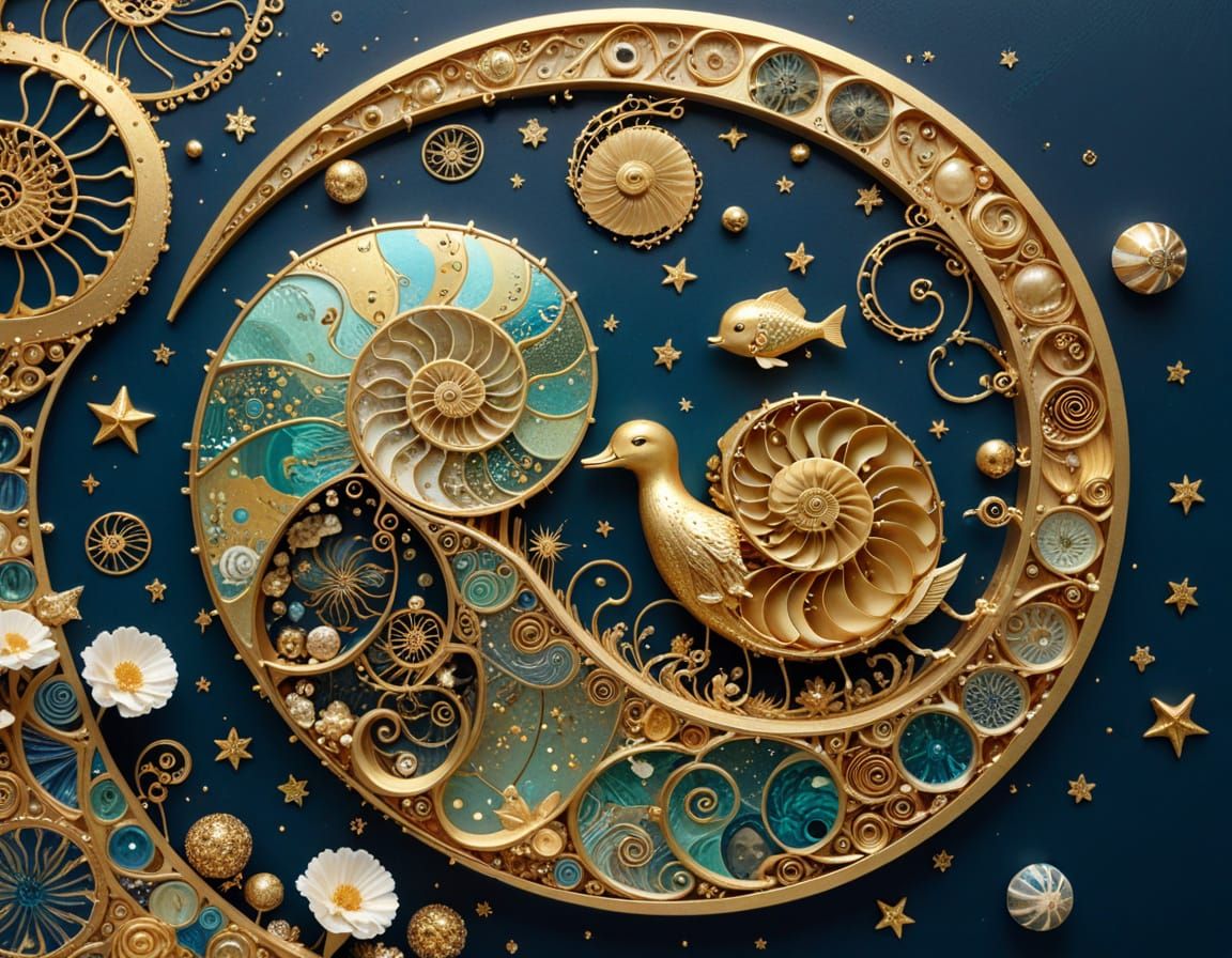 Nautilus Submarine with Duckling in Klimt Style