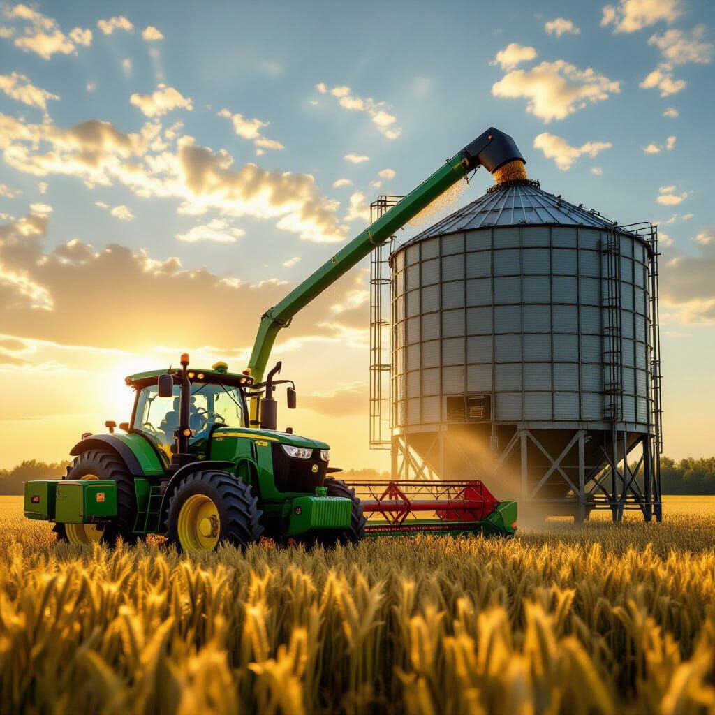 John Deere Tractor Dumping Grain Into Silo at Sunset