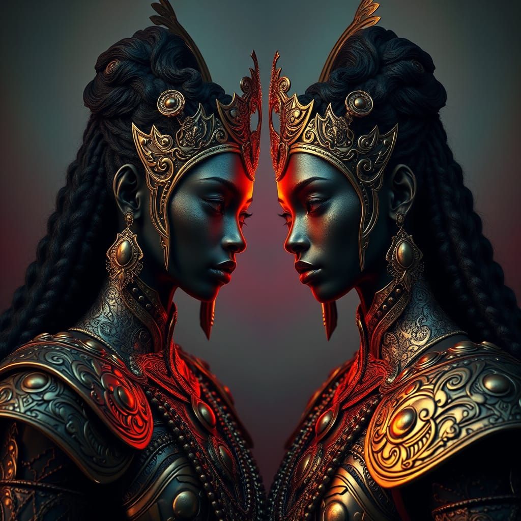 Majestic Black Goddess Confronts Her Shadowy Twin