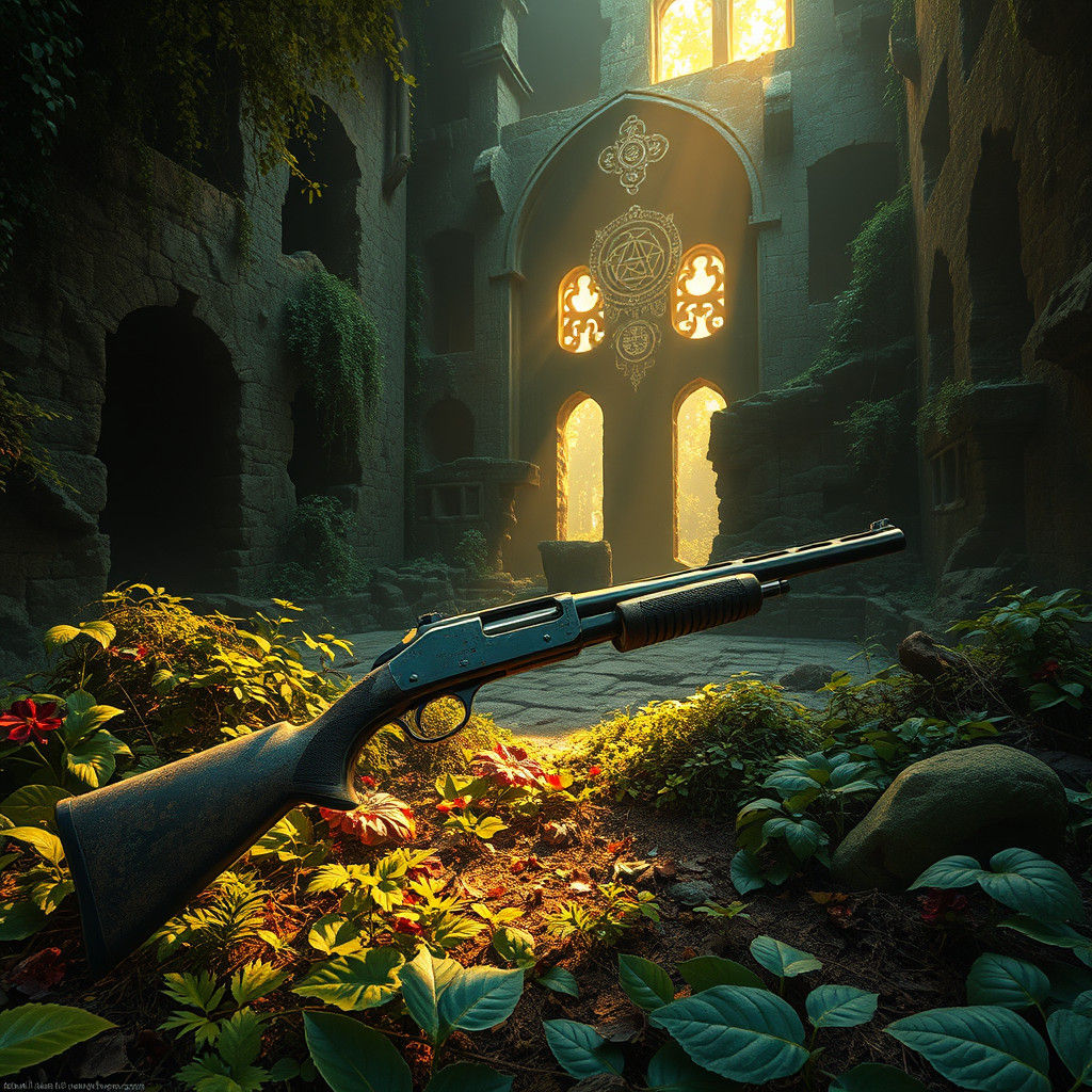 Weathered Shotgun in Mystical Ruin, Matte Painting