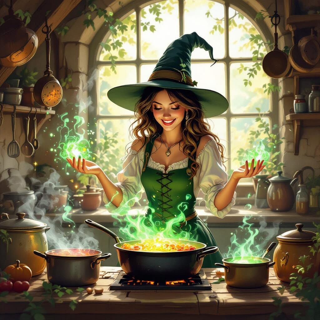 Whimsical Witch Cooks Magical Meal in Rustic Kitchen