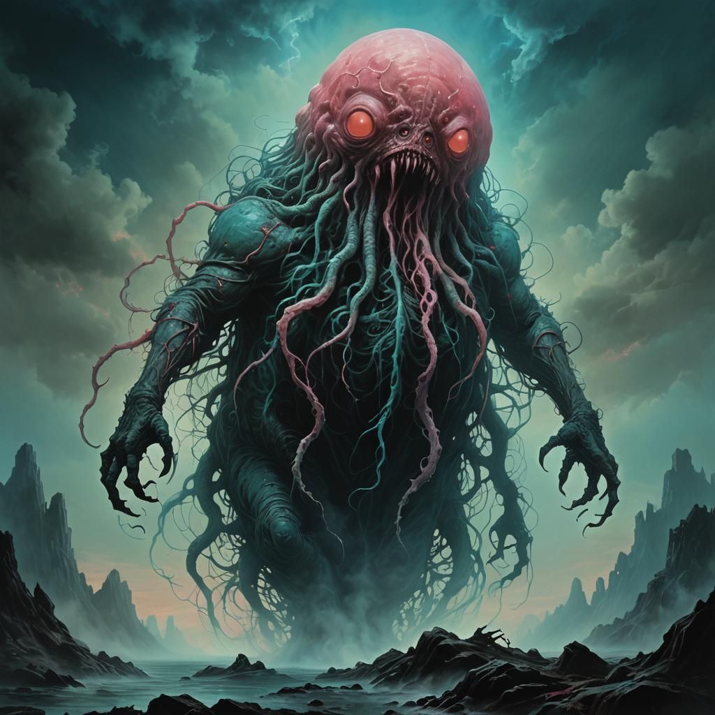 Grotesque Blob Monster Rising in Mist: Surreal Horror