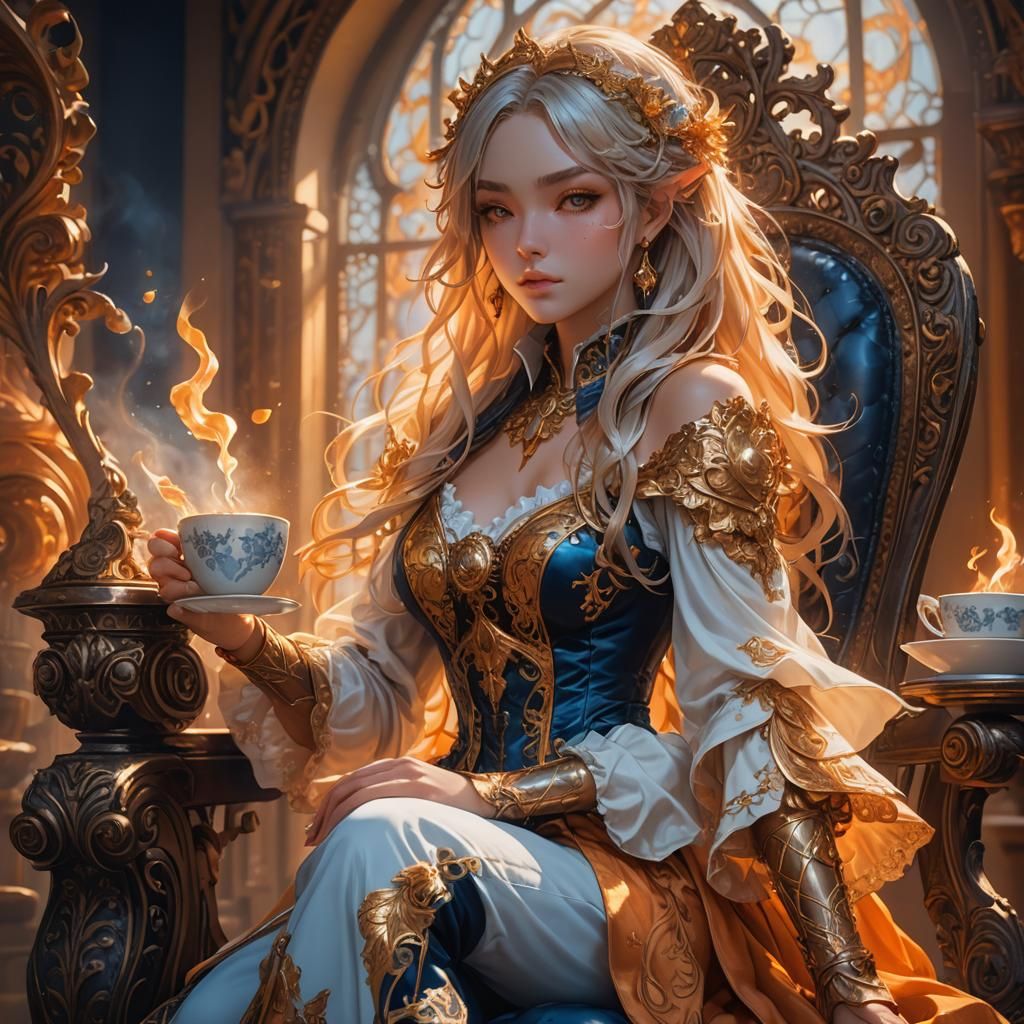 Anime Girl in Ornate Chair: Fantasy Art